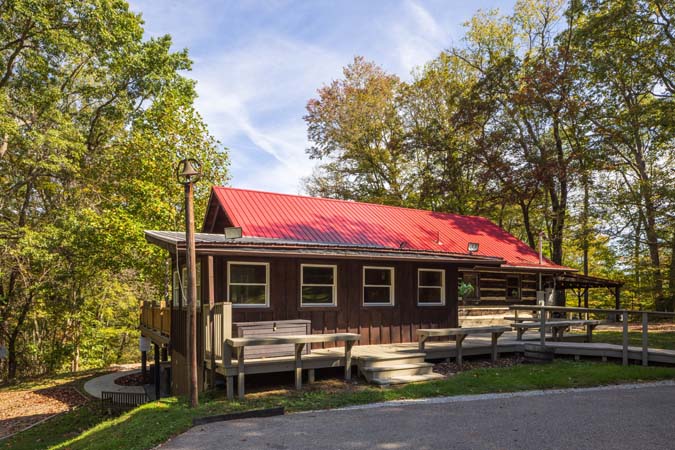 High Point Lodge exterior in park like setting in Hocking Hills Ohio