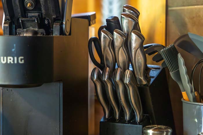 Knife block and Keurig on the kitchen counter at High Point Lodge