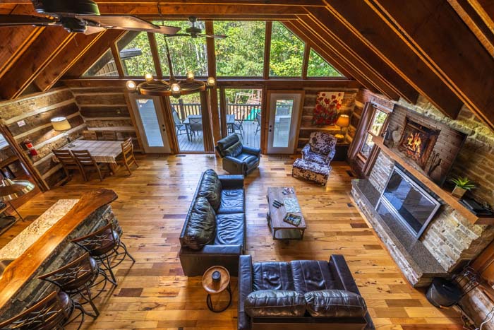 Overhead view of the great room, fireplace and bar from the loft at High Point Lodge