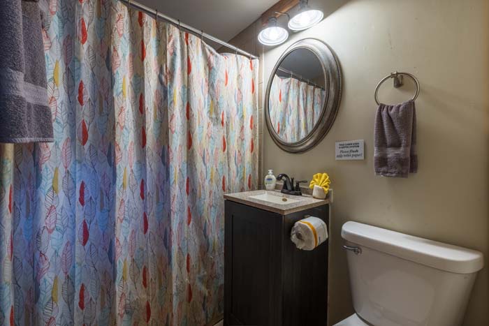 Bathroom with patterned shower curtain, vanity and toilet at High Point Lodge