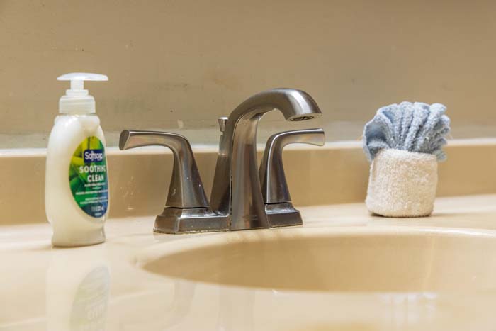 Soap and folded towel on the bathroom vanity at High Point Lodge