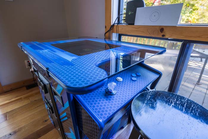 Blue arcade table and stools at High Point Lodge