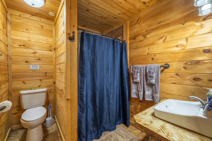 Bathroom with shower, toilet and vessel sink at High Point Lodge