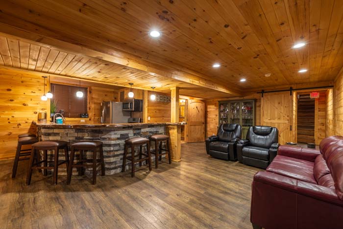 Lower level kitchen bar and seating area at High Point Lodge